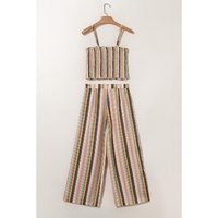 Multicolour Vertical Striped Smocked Cami Top Wide Leg Pants Set - L thumbnail