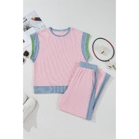 Pink Corded Colorblock Patchwork Short Sleeve Top and Loose Pants Set - L thumbnail
