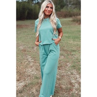 Mint Green Raglan Short Sleeve Tee and Wide Leg Pants Set - M thumbnail