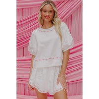 White Contrast Bow Trim Pearl Puff Sleeve Blouse and Skort 2pcs Set - S thumbnail