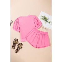 Pink Contrast Bow Trim Pearl Puff Sleeve Blouse and Skort 2pcs Set - S thumbnail
