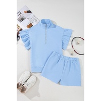 Beau Blue Ribbed Texture Half Zip Ruffled Short Sleeve Top and Shorts Set - L thumbnail