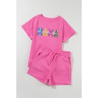 Strawberry Pink Sequined MAMA Letter Graphic Textured Short 2pcs Set - XL thumbnail