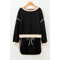 Black Color Contrast Loose Pullover and Lace-up Waist Skort Set - M thumbnail