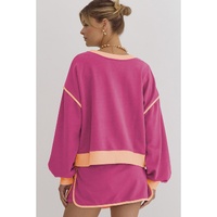 Rose Red Color Contrast Loose Pullover and Lace-up Waist Skort Set - S thumbnail