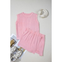 Light Pink 2 Pieces Mineral Wash Cotton Tank Top Lined Split Skirt Set - S thumbnail