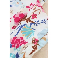 White Floral Single Bubble Sleeve Slant Shoulder Romper - L thumbnail