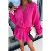 Azura Exchange Rose Textured Tiered Ruffled Buttoned Long Sleeve Romper - L thumbnail