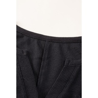 Black Brushed Ribbed Button Split V Neck Long Sleeve Romper - L thumbnail