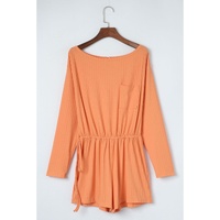 Azura Exchange Orange Ribbed Drawstring Waist Long Sleeve Romper - L thumbnail