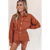 Gold Flame Long Sleeve Snap Buttons Distressed Denim Romper - L thumbnail