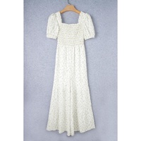 White Boho Floral Smocked Wide Leg Short Puff Sleeve Jumpsuit - L thumbnail