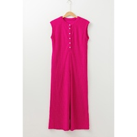 Bright Pink Terry Textured Sleeveless Button Front Wide Leg Jumpsuit - L thumbnail