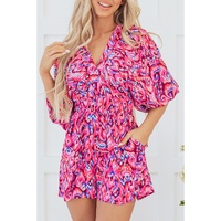 Pink Abstract Print Puff Sleeve V Neck High Waist Romper - L thumbnail