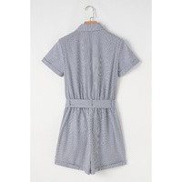 Blue Stripe Chest Pockets Buttoned Belted High Waist Romper - L thumbnail