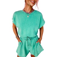 Sea Green Mineral Wash Drawstring Waist Hollow Out Back Short Sleeve Romper - M thumbnail