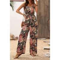Black Floral Print Belted Sleeveless Wide Leg Jumpsuit - M thumbnail