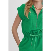 Bright Green Textured Short Sleeve Half Zip Drawstring Waist Romper - M thumbnail