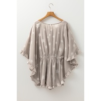 Gray Star Print Crinkle Textured Kimono Ruffle Sleeve Romper - S thumbnail