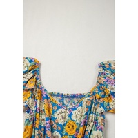 Yellow Floral Allover Print Shirred Cut Out High Waist Jumpsuit - L thumbnail