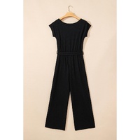 Black Checkered Mesh One Shoulder Short Sleeve Knotted Waist Jumpsuit - S thumbnail