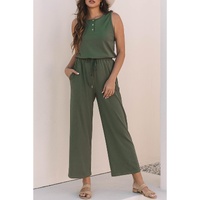Vineyard Green Buttoned Drawstring Waist Sleeveless Wide Leg Jumpsuit - L thumbnail