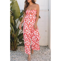 Pink Floral Print Twisted Bandeau Keyhole Pleated Wide Leg Jumpsuit - L thumbnail