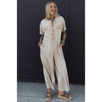 Beige Half Placket Chest Pockets Short Sleeve Wide Leg Jumpsuit - L thumbnail