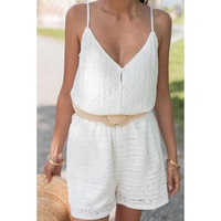 White Lace Spaghetti Strap V Neck Loose Fit Romper - L thumbnail