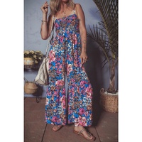 Pink Floral Smocked Bust Spaghetti Straps Wide Leg Jumpsuit - L thumbnail