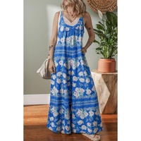 Blue Floral Print Wide Leg Sleeveless Jumpsuit - M thumbnail