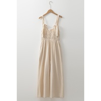 Beige Ruched High Waist Sleeveless Wide Leg Jumpsuit - L thumbnail