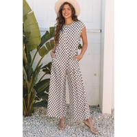 Khaki Checkered Print Buttoned Crew Neck Wide Leg Jumpsuit - L thumbnail
