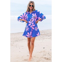 Blue Summer Flower Print Shirt Collar Button Front Loose Romper - S thumbnail