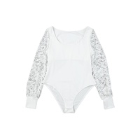 White Lace Sleeves Square Neck Bodysuit - L thumbnail