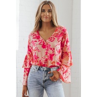 Pink Floral Print Tiered Bell Long Sleeve Buttoned Bodysuit - L thumbnail