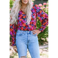 Floral Print Wrap V Neck Long Sleeve Bodysuit - M thumbnail