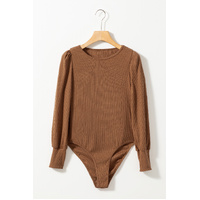 Brown Ribbed Balloon Sleeve Bodysuit - XL thumbnail