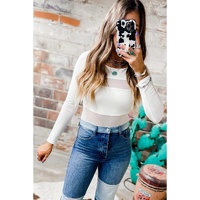 Azura Exchange White Mesh Patchwork Long Sleeve Bodysuit - M thumbnail