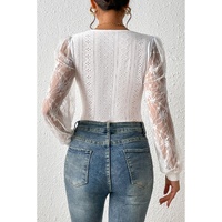 White Frenchy Contrast Lace Bishop Sleeve Bodysuit - M thumbnail