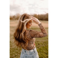 Brown Leopard Smocked Neck Mesh Long Sleeve Bodysuit - L thumbnail