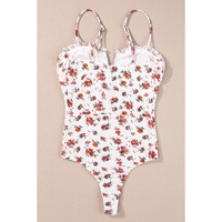 White Floral V Cut Frilled Trim Spaghetti Straps Bodysuit - L thumbnail