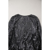 Black Sequin Mesh Long Sleeve Surplice Neck Bodysuit - M thumbnail