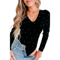 Black Velvet Beaded Long Sleeve V Neck Bodysuit - S thumbnail