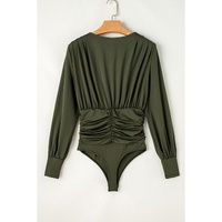 Moss Green Ruched Wrap V Neck Long Sleeve Bodysuit - L thumbnail