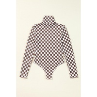 Brown Checkered Printed Long Sleeve High Neck Bodysuit - L thumbnail