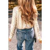 Beige Sequin Long Sleeve Wrap V Neck Bodysuit - XL thumbnail