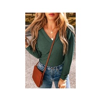 Blackish Green Waffle Knit Slim Fit Wrap V Neck Bodysuit - M thumbnail