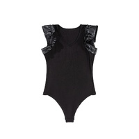 Black Leatherette Ruffle Patchwork Ribbed V Neck Bodysuit - S thumbnail
