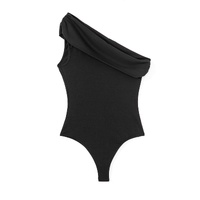Black Solid Color Pleated One Shoulder Bodysuit - XL thumbnail